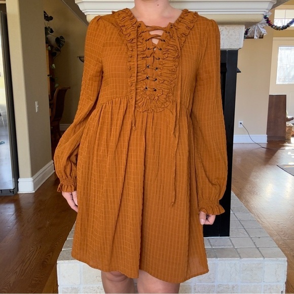 Entro Boho Peasant Bubble Sleeve Textured Peasant Dress Frill Tie Front Details - Picture 1 of 3